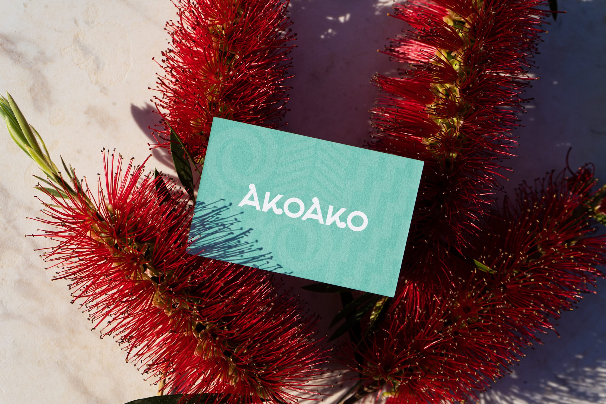 An image featuring a business card for Akoako, placed in front of some red-blossoming tree twigs. The business card features a Maori pattern as the background, with the Akoako logo centred on the card.