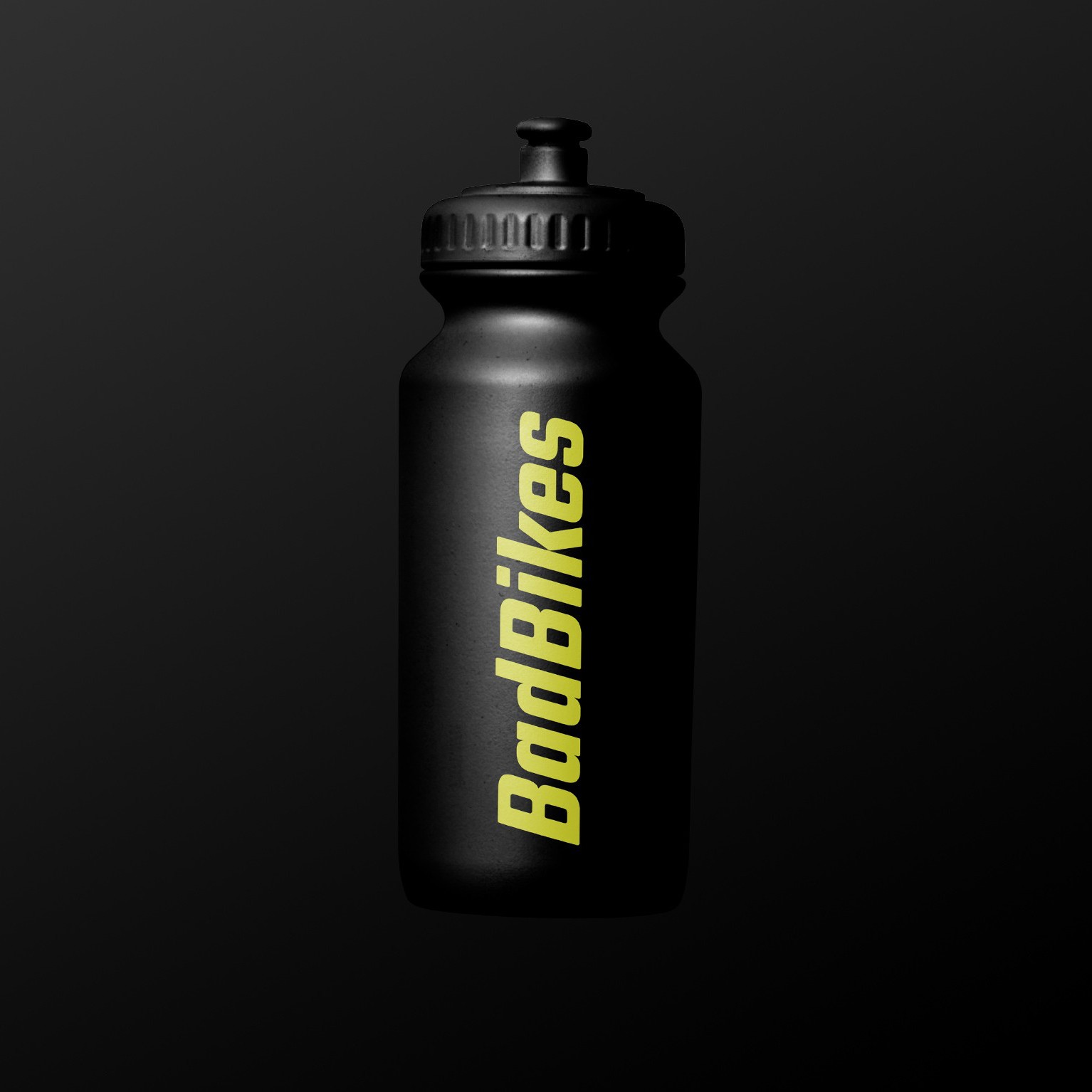 Black Bad Bikes Berlin drink bottle with bright green logo design against a black background.