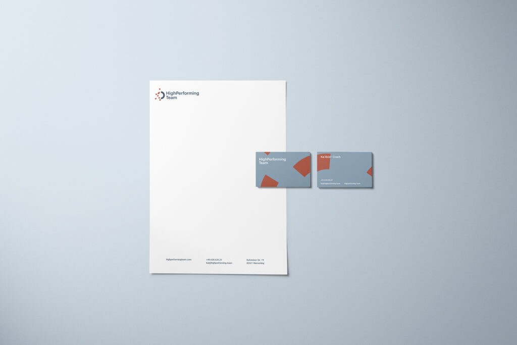 image shows a letterhead and two business cards in the HigPerforming Team design