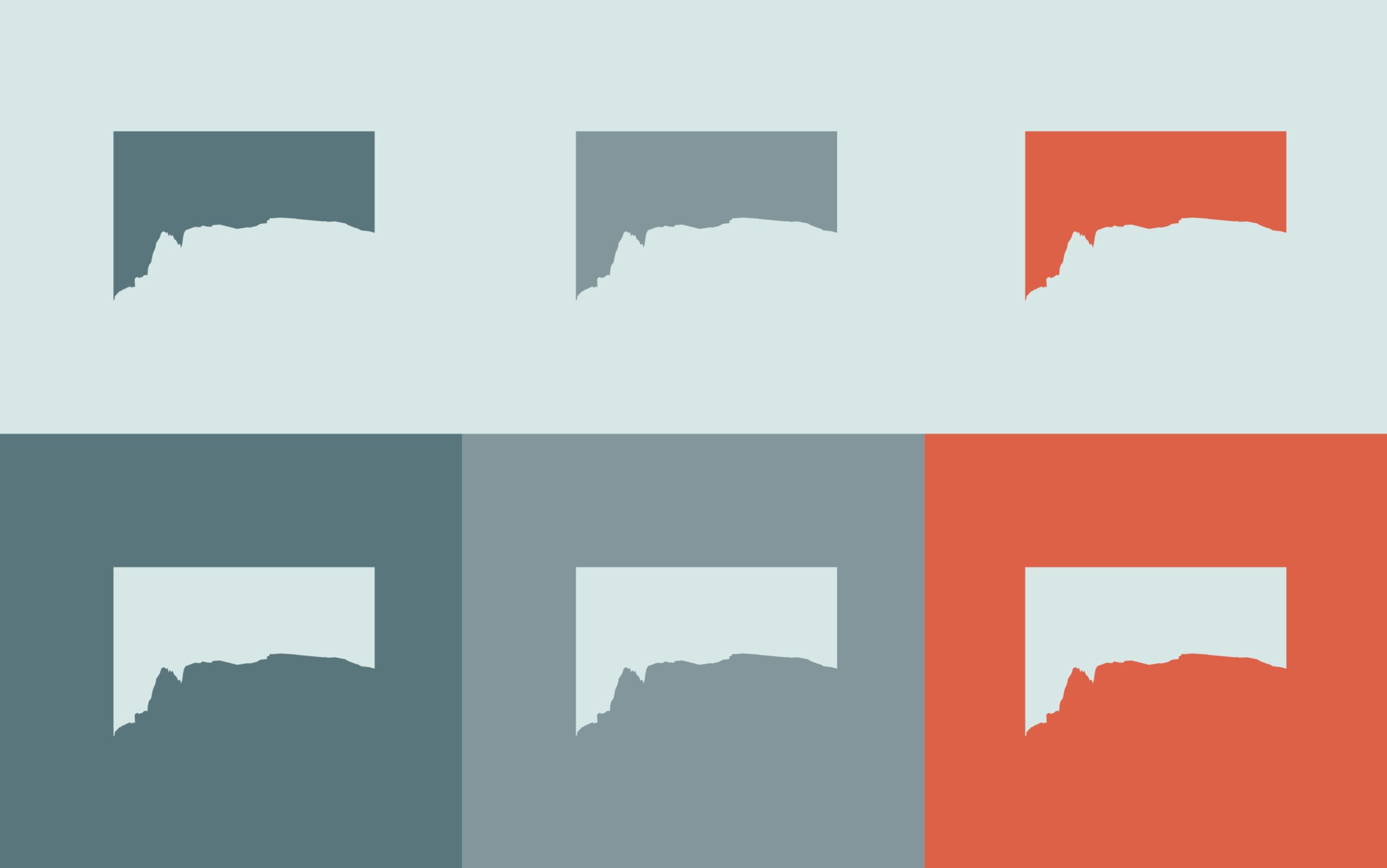 An image showcasing the picture marks for Lord Jens Kramer's visual identity, presented in a range of colors. The image features three of the picture marks at the top of a light grey-teal background, and three at the bottom on darker backgrounds, including a red one. The picture marks represent the visual identity of Lord Jens Kramer and are designed to be recognisable and distinctive in a variety of contexts.