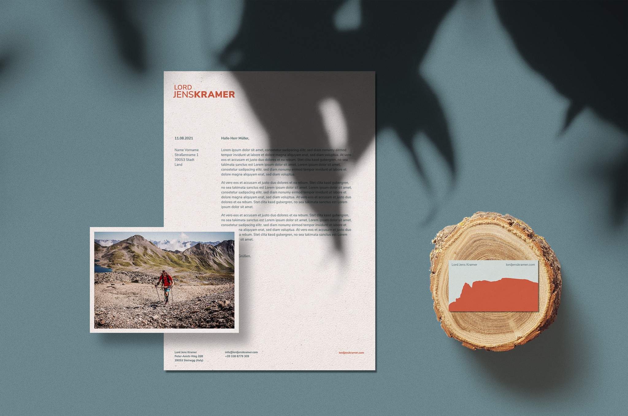 The image displays a set of branding materials for a trail runner, including a letterhead, photograph, and business card.