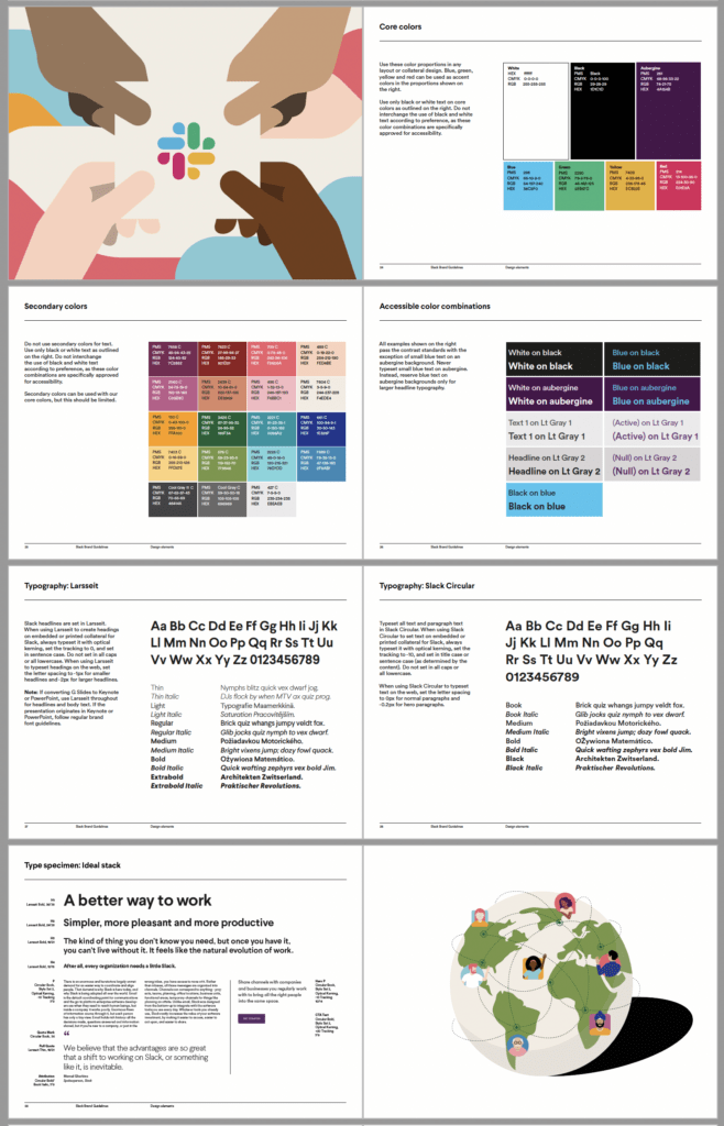 Slack brand style guide showing colours and typography rules