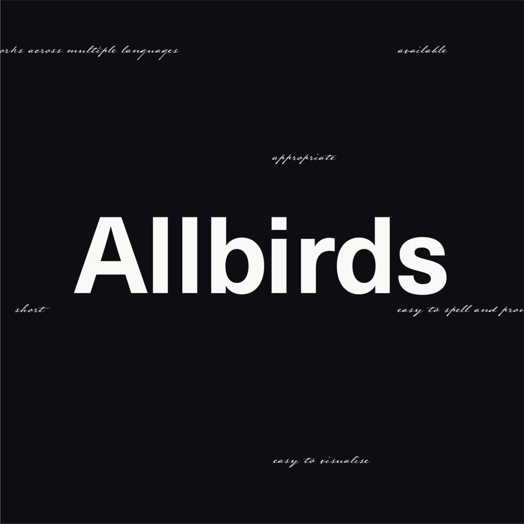 Das Bild zeigt den Markennamen 'Allbirds' und in kleiner Typografie die Attribute, die einen guten Namen ausmachen