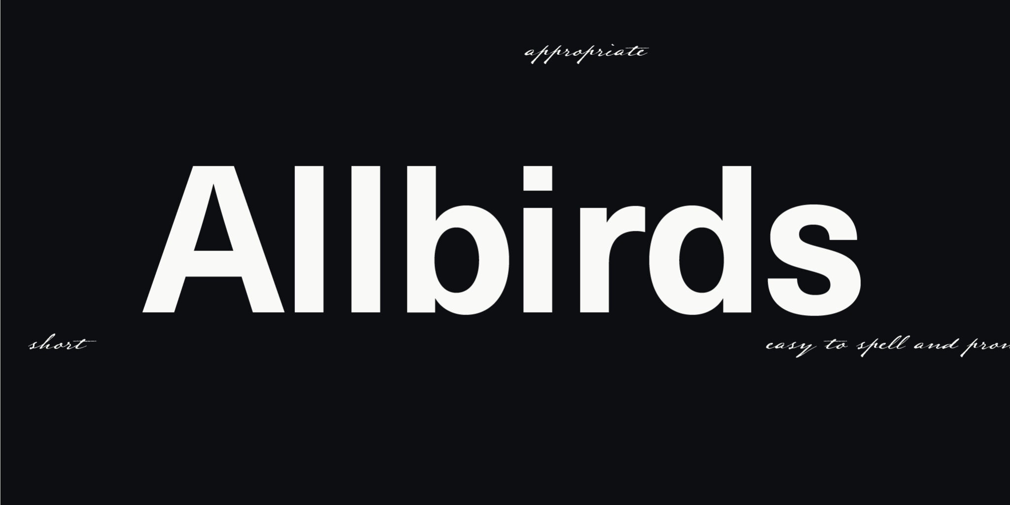 Das Bild zeigt den Markennamen 'Allbirds' und in kleiner Typografie die Attribute, die einen guten Namen ausmachen