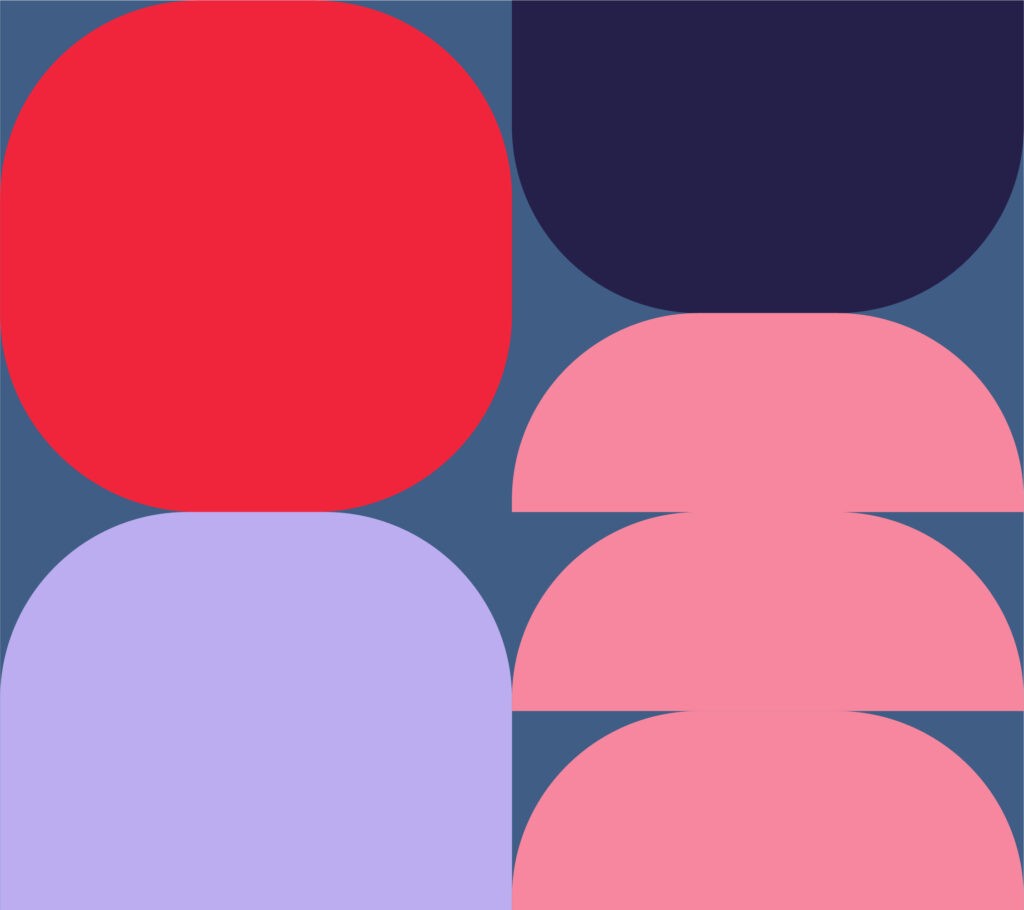 Die Abbildung zeigt Formen in einer bestimmten Markenfarbpalette: F0253C (rot), 242049 (dunkelgrau), F6879F (rosa), BBADF0 (hellblau), 405D85 (tiefblau). Dieses Bild dient als Titelbild für den Blogbeitrag "Kurzübersicht: Erstelle die ideale Markenfarbenpalette in 10 Schritten".