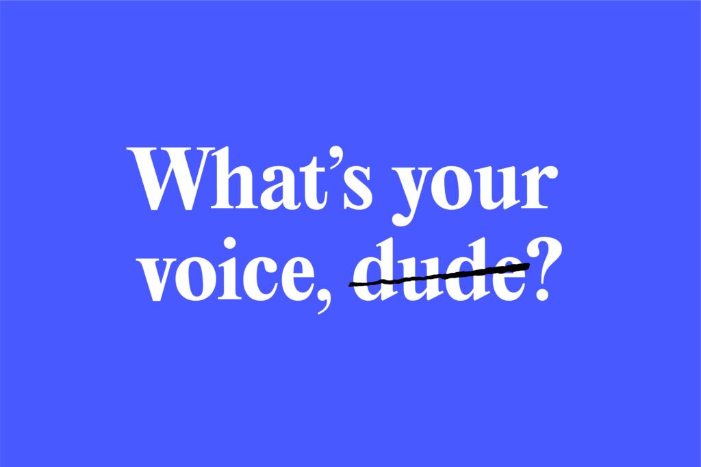 Title image for 'How to Create a Distinctive Brand Voice in 6 Steps' blog post. Blue background with the words 'What's Your Voice, Dude?' in Editorial New font, with 'Dude' crossed out.