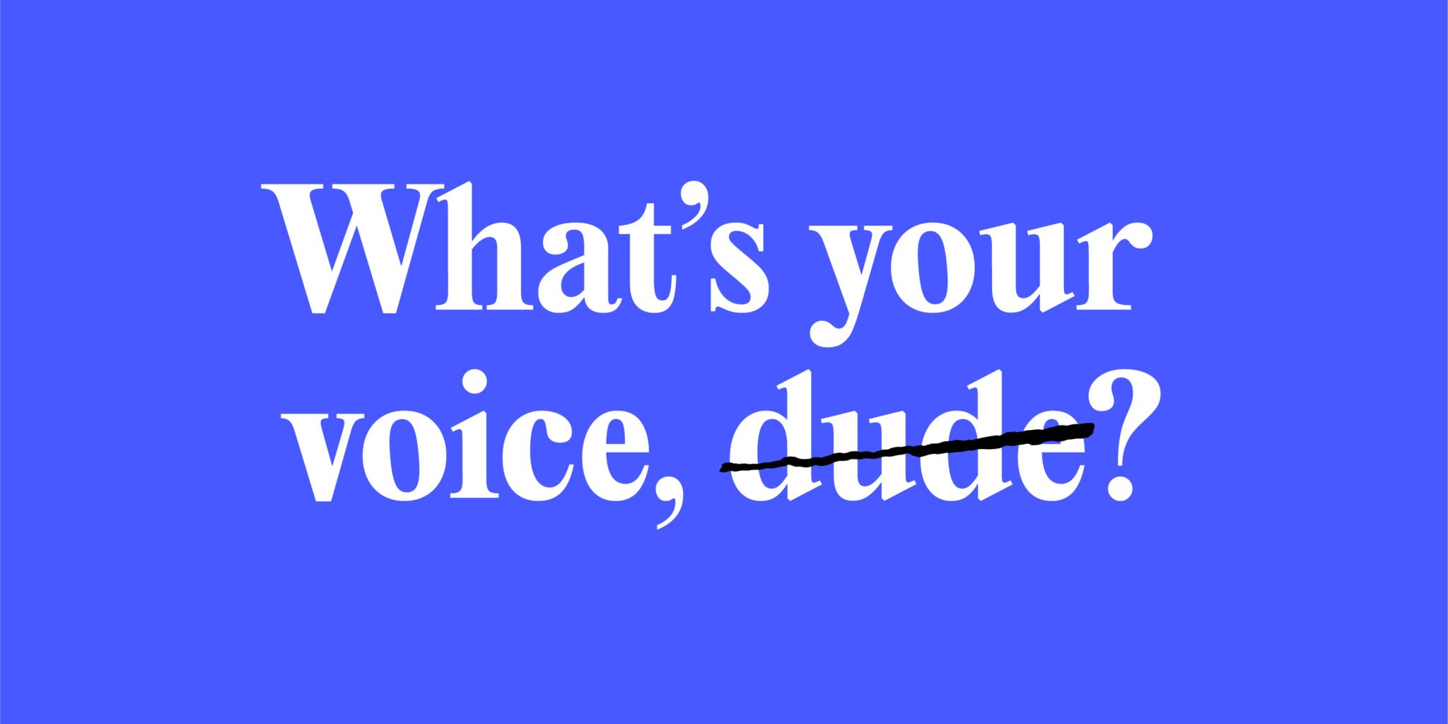 Title image for 'How to Create a Distinctive Brand Voice in 6 Steps' blog post. Blue background with the words 'What's Your Voice, Dude?' in Editorial New font, with 'Dude' crossed out.