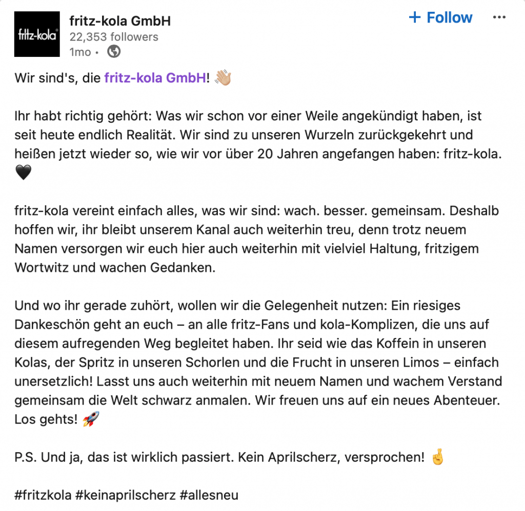 Beispiel eines LinkedIn Beitrags, der die Markenstimme von fritz-kola veranschaulicht.