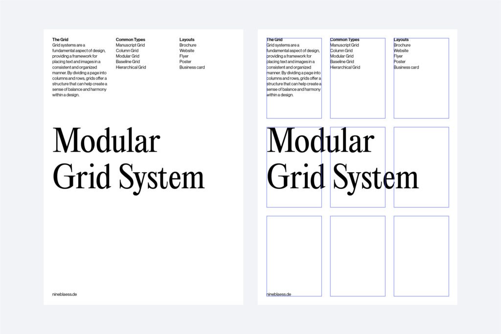 Typography tips: On the left side of the image, there is a design layout displayed using a modular grid system. On the right side, there is an overlay that shows the grid lines used in the design.