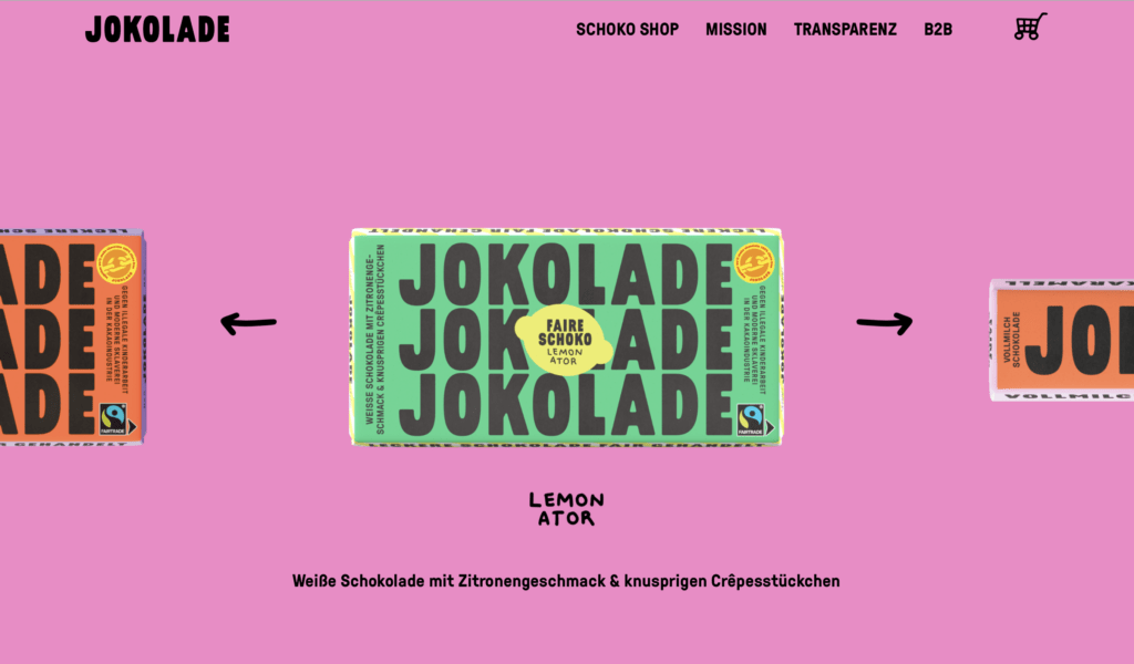 A screenshot from the Jokolade website showcasing effective use of color to direct attention to typography. The screenshot features a chocolate packaging where information is placed on a bright yellow lemon to stand out.