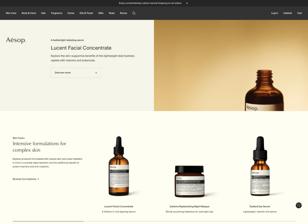 The Aesop website is an example of effective use of white space. The website features an off-white background with large amounts of negative space, creating a clean and minimalist look.