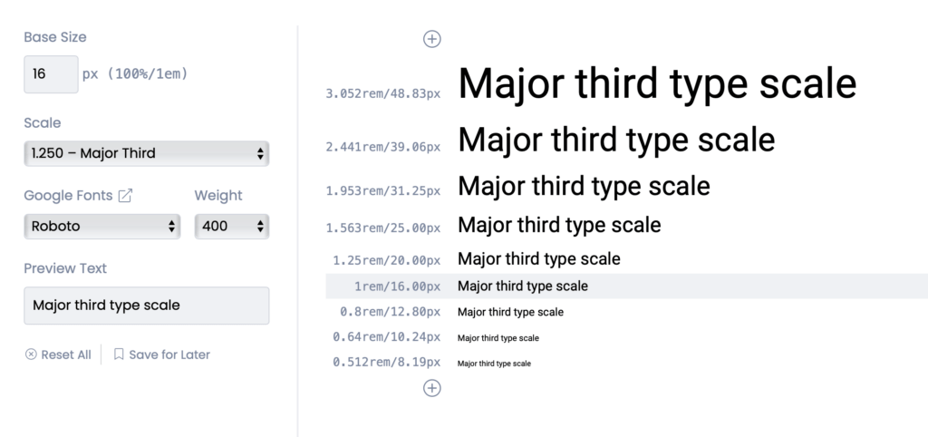 A screenshot of a type scale in major third with the font "Roboto" and base size 16 pixels. The type scale includes font sizes ranging from 12.8 pixels (0.8 x 16) to 51.2 pixels (3.2 x 16) with increments of 1.25. The larger font sizes are located towards the bottom of the scale, while the smaller font sizes are located towards the top. The type scale is displayed in black on a white background.
