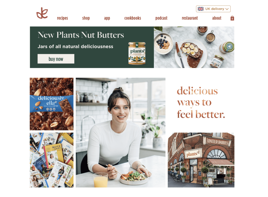 The image shows a screenshot of the new Deliciously Ella website as an example to show the new branding.
