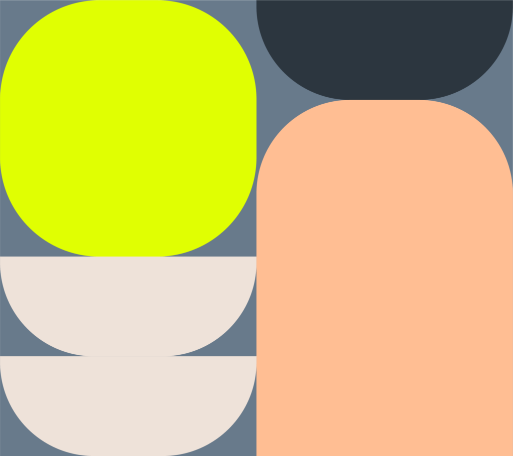 In einem Muster arrangierte Markenfarben. Die Farbpalette umfasst: Schieferblau (#687A8B), Gunmetal (#2C363F), Apricot (#FFBE93), Light Almond (#EEE2D9) und Chartreuse (#E0FF02).