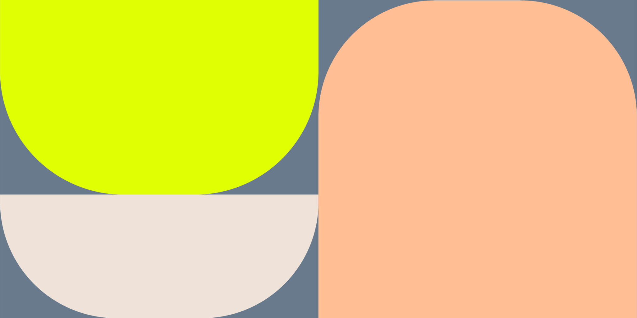 In einem Muster arrangierte Markenfarben. Die Farbpalette umfasst: Schieferblau (#687A8B), Gunmetal (#2C363F), Apricot (#FFBE93), Light Almond (#EEE2D9) und Chartreuse (#E0FF02).