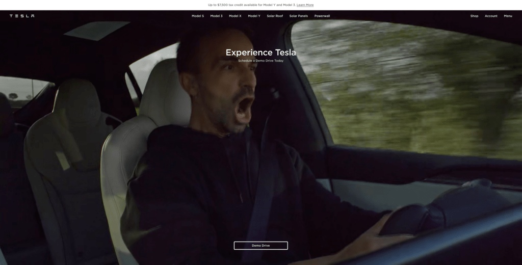 Screenshot der Tesla-Website zur Darstellung der Markenpersönlichkeit des Unternehmens