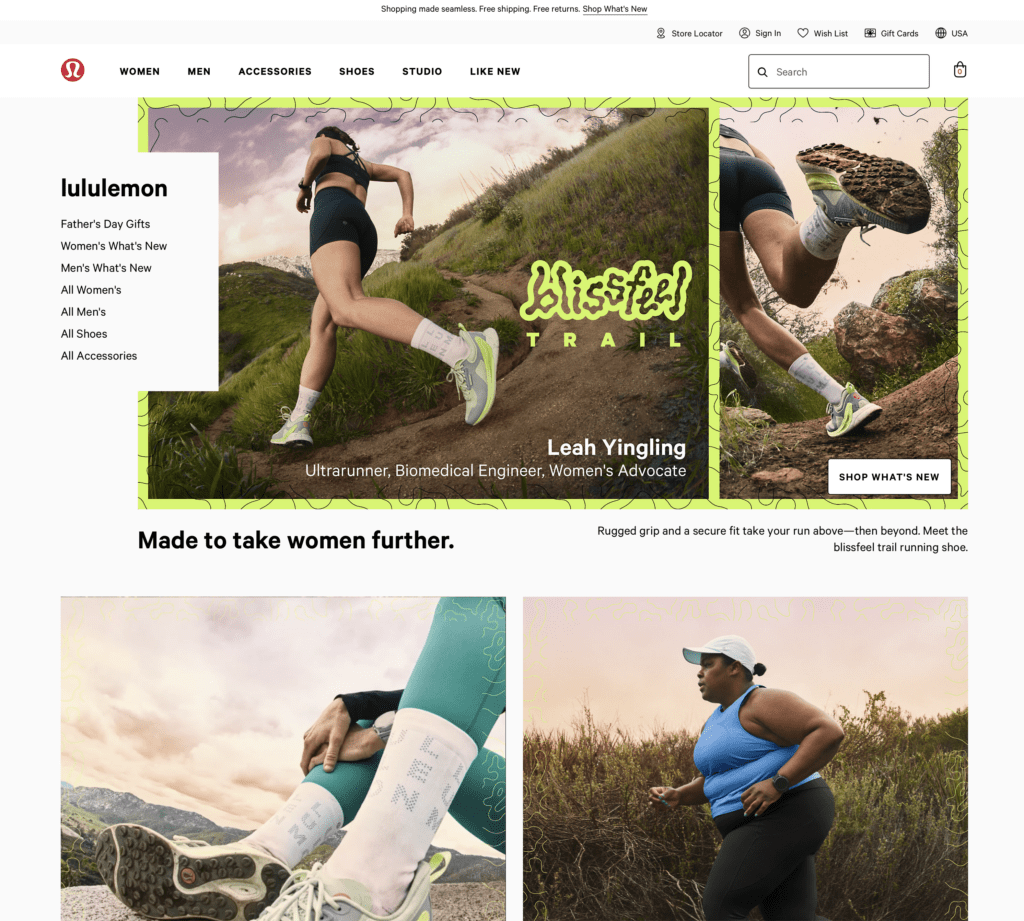 Screenshot der Lululemon-Website zur Darstellung der Markenpersönlichkeit des Unternehmens