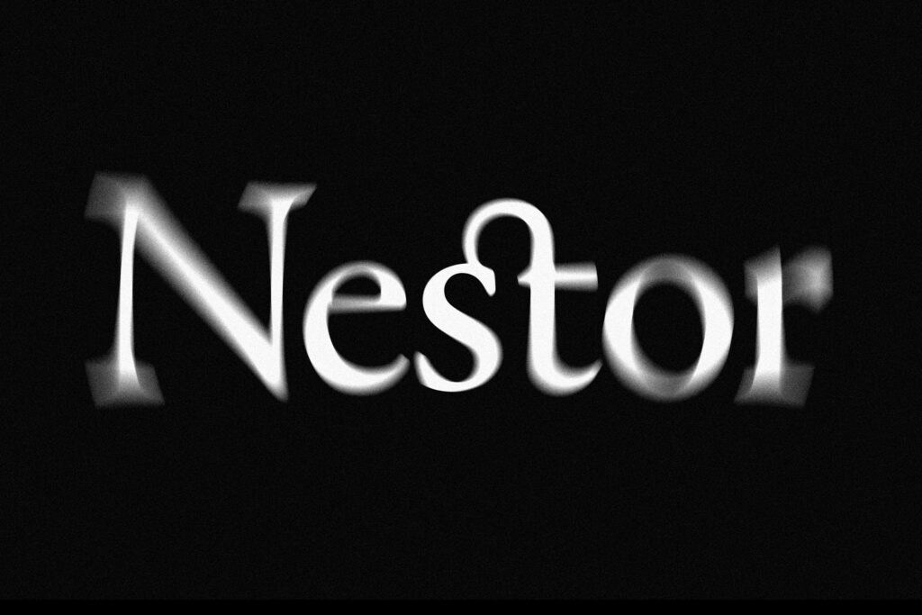 The image shows a logo for an imaginary company called 'Nestor', white on black. It uses radial blur as a metaphor for vector vs raster file formats, as its sharp in the middle and blurred on the edges, somewhat like a raster file. Its introducing the article 'Logo File Formats: Everything You Need to Know.'