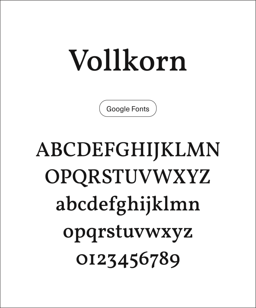 Type specimen for 'Vollkorn' by Google fonts