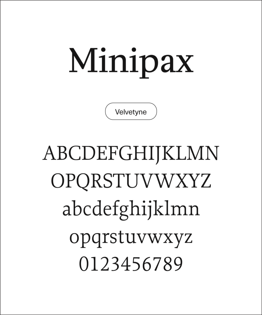 Type specimen for 'Minipax' by Velvetyne