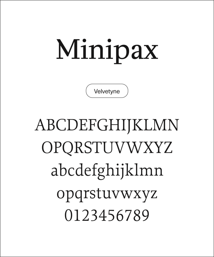 Type specimen for 'Minipax' by Velvetyne