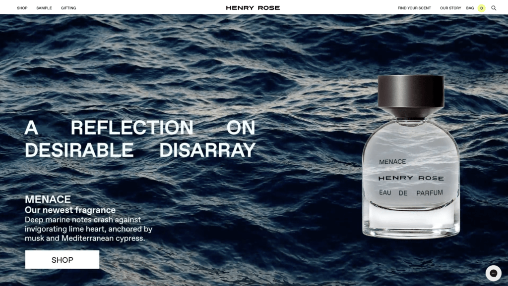 Screenshot of the Henry Rose fragrance website showing off the branding that is a mix of simple layouts and rich images