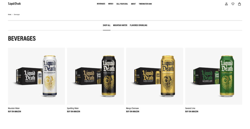 Screenshot of the products section from the liquid death website showing the branding used in its packaging design