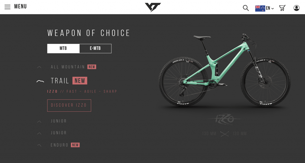Screenshot from the YT Industries website as an example for a direct-to-consumer distribution brand