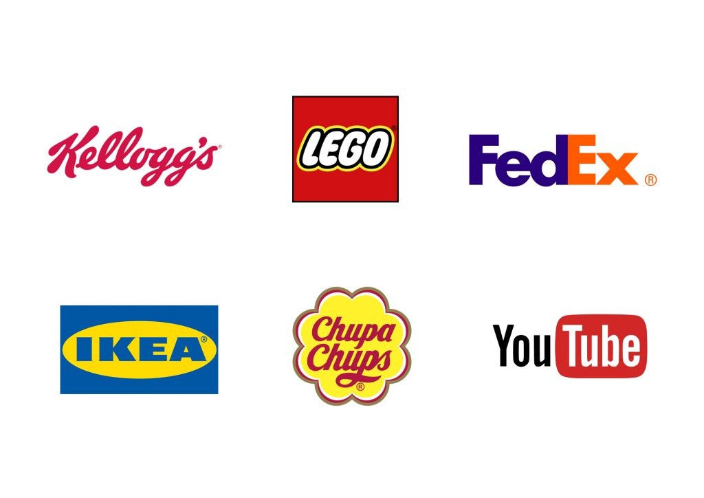 Distinctive logos of Kellogg’s, Lego, FedEx, IKEA, Chupa Chups, and YouTube