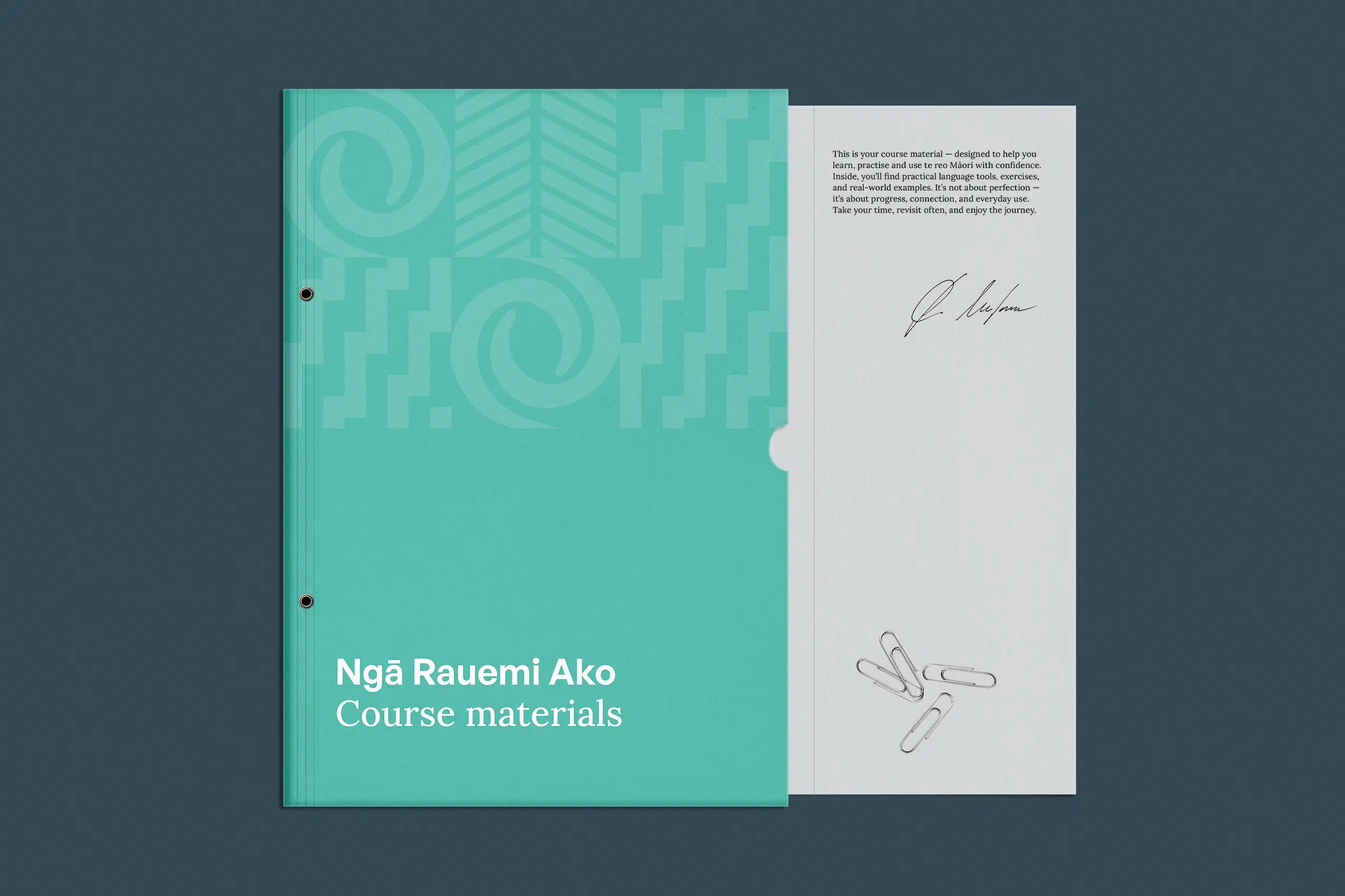 Akoako learning folder to show the brand identity design, especially the brand pattern