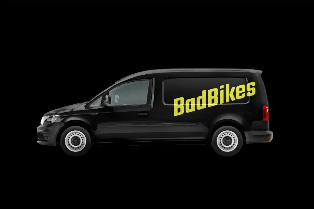 Bike shop branding for Bad Bikes Berlin — car signage mockup showing the visual brand identity applied to a vehicle.