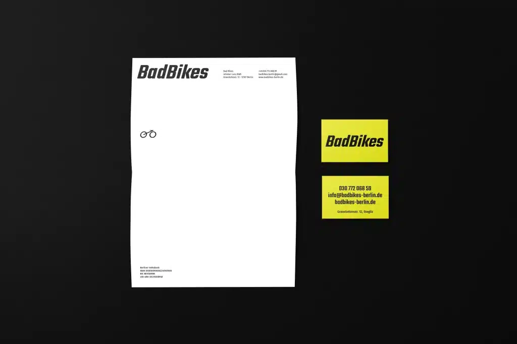 Bike shop branding for Bad Bikes Berlin — stationery design including business cards and letterhead applying the new visual brand identity.