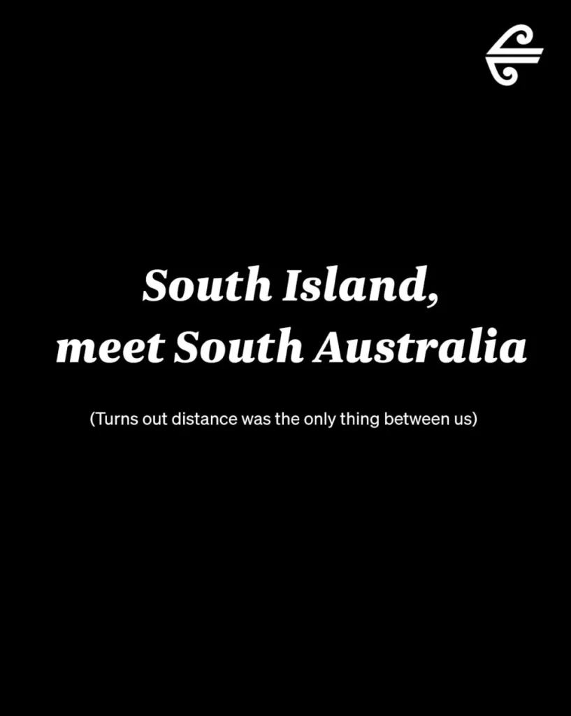 Screenshot eines Instagram-Posts von Air New Zealand mit dem markanten Brand Asset der Airline – der klassischen Schrift Newzald – in weißer Schrift auf schwarzem Hintergrund mit dem Text: „South Island, meet South Australia.“