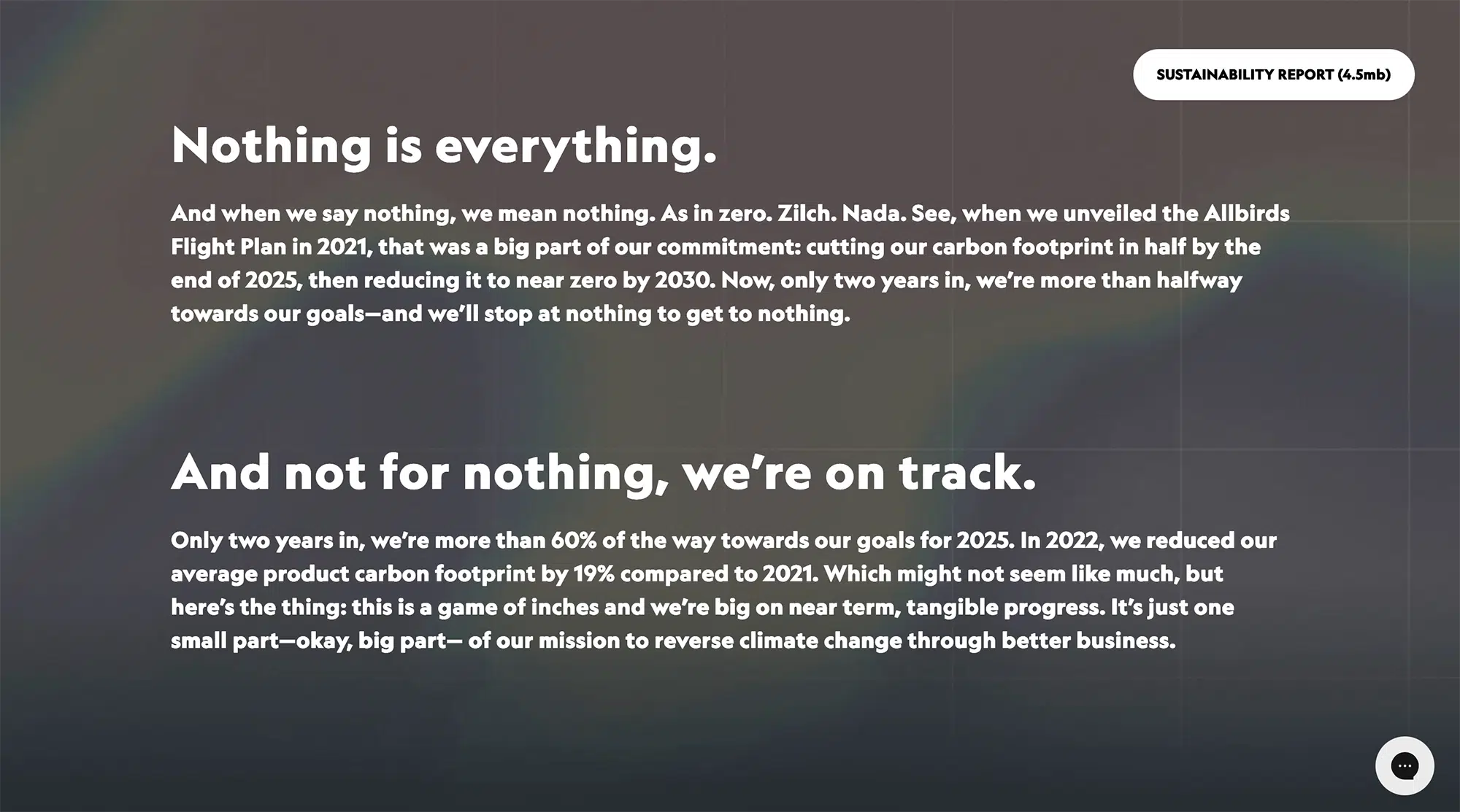 Allbirds website, sustainability report section to show its tone of voice