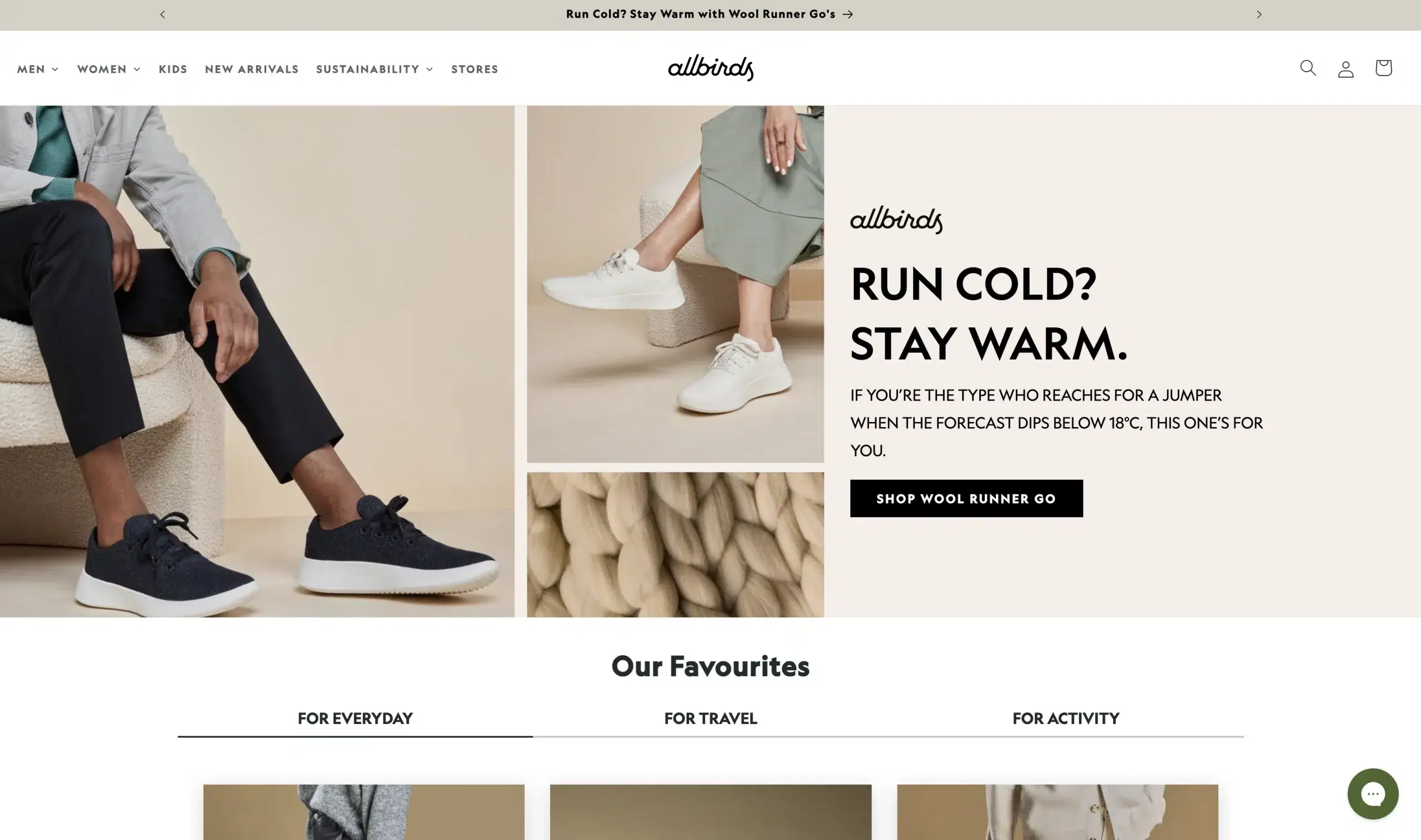 Screenshot der Allbirds-Website, der zeigt, dass die Marke ähnliche Werte wie Oatly teilt, jedoch eine sehr unterschiedliche Markenpersönlichkeit hat.