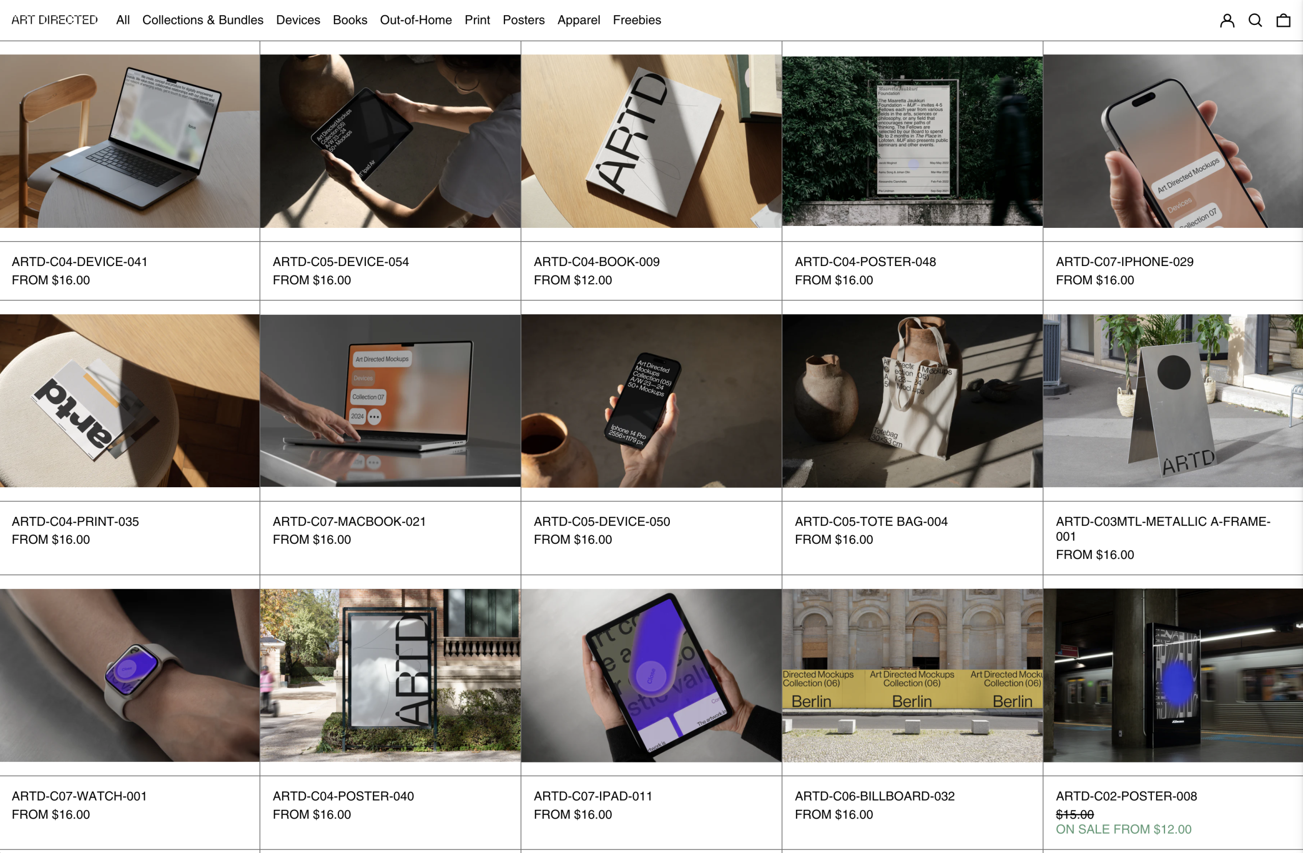 Screenshot der Website „Art Directed Mockups“ mit einer Auswahl an Print- und Device-Mockups