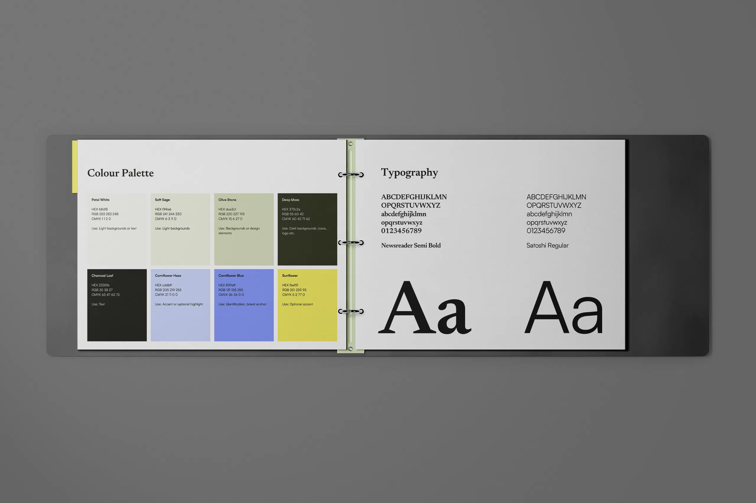 The image shows a mockup with brand guidelines I designed for Office Flower solutions as an example for an article on brand guidelines