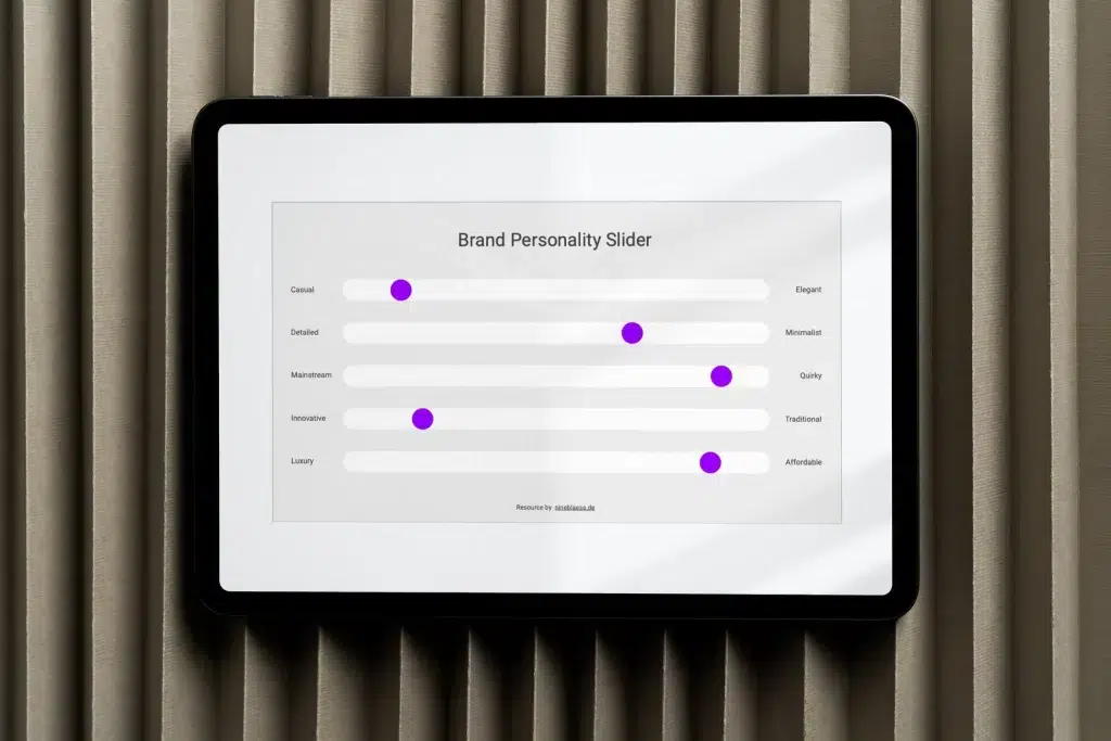 Brand Personality Slider Template für Google Slides, angezeigt auf einem Tablet-Bildschirm.
