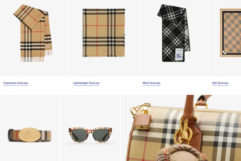 Screenshot des Accessoires-Bereichs der Burberry-Website mit Produkten, die das charakteristische Karomuster der Marke zeigen.