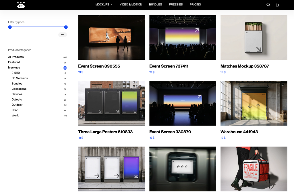 Screenshot der Website von Colortime Lab, die eine Auswahl an hochwertigen Mockups anbietet, darunter auch Mockups mit Stadtmotiven.