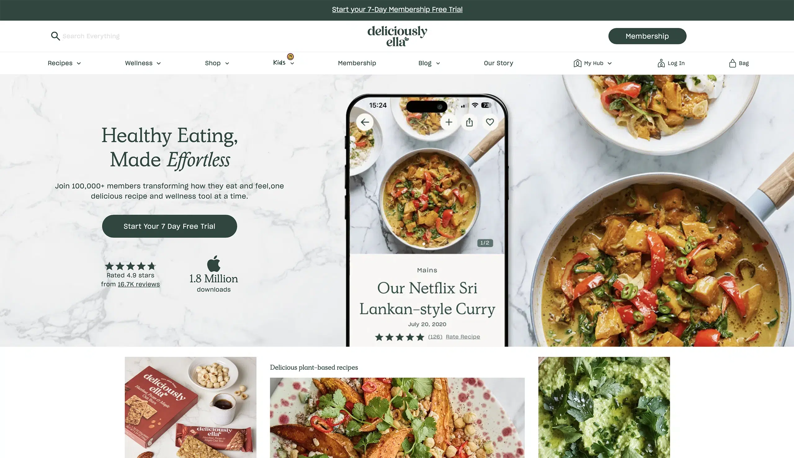 Screenshot der neuesten Version der Deliciously Ella Website, als Beispiel für die Markenentwicklung und den aktuellen Auftritt.