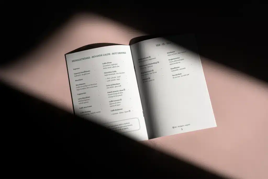 Hotel brand identity for Hotel Post Gries — drinks menu design for the bar as part of the brand refresh.