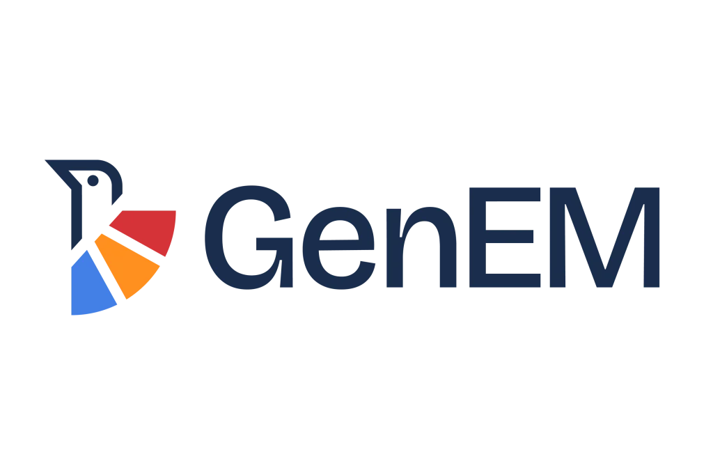 Die GenEM-Bildmarke mit einem minimalistischen Vogel-Icon und drei deutlich unterschiedlichen, lebendigen Federn—jede in einer anderen Farbe, die für einen der drei Gründer steht.