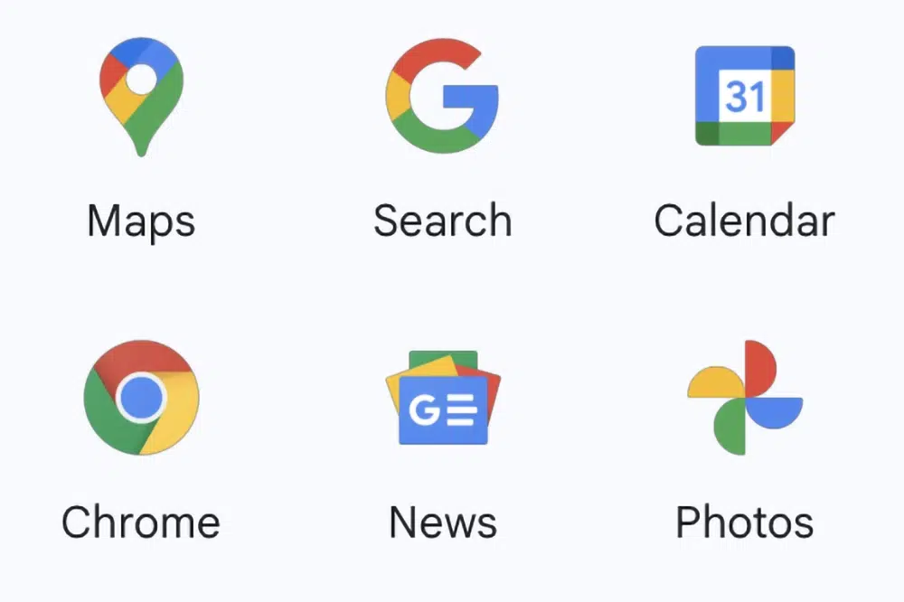 Screenshot der App-Symbole von Google als Beispiel für eine unverwechselbare, wiedererkennbare Markenfarbenkombination