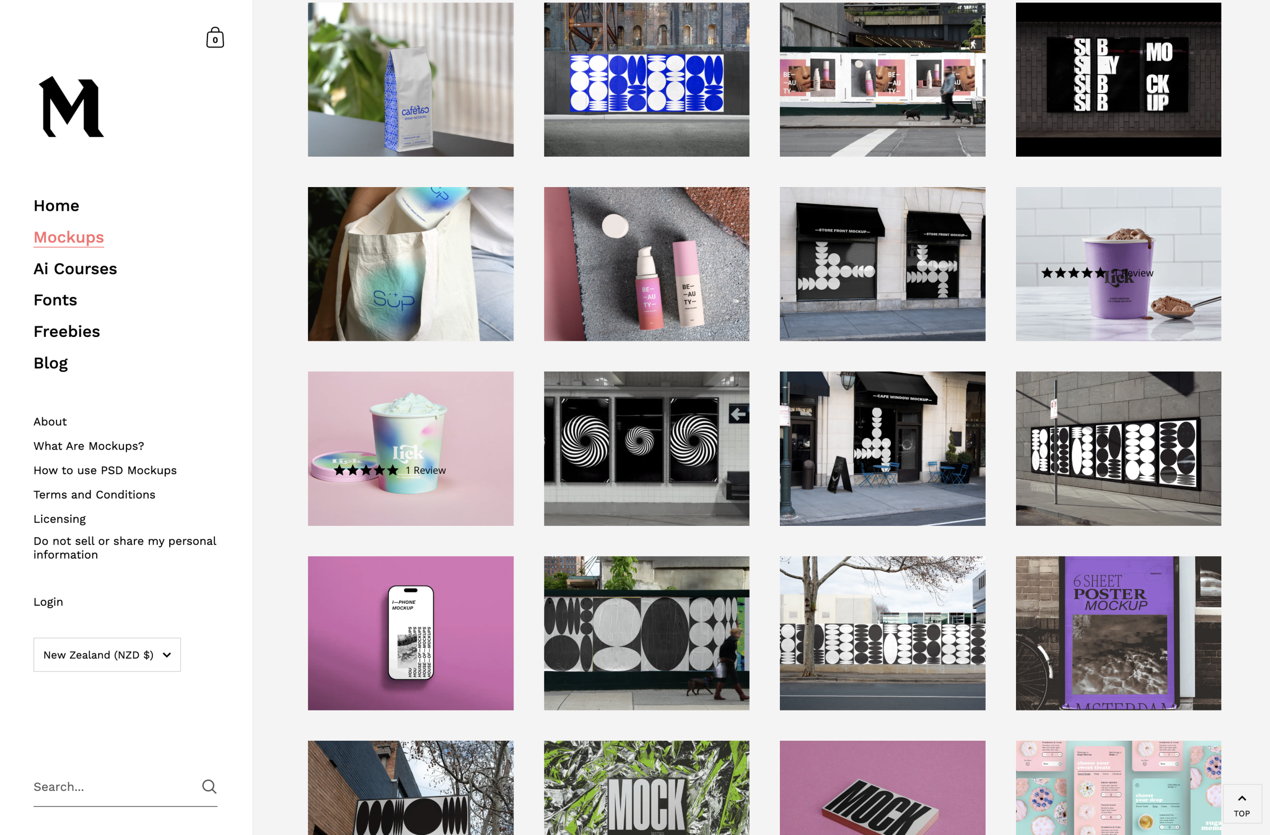 Screenshot der Website „House of Mockups“ mit Verpackungs-, Poster-, Beschilderungs-, Bildschirm-Mockups und mehr