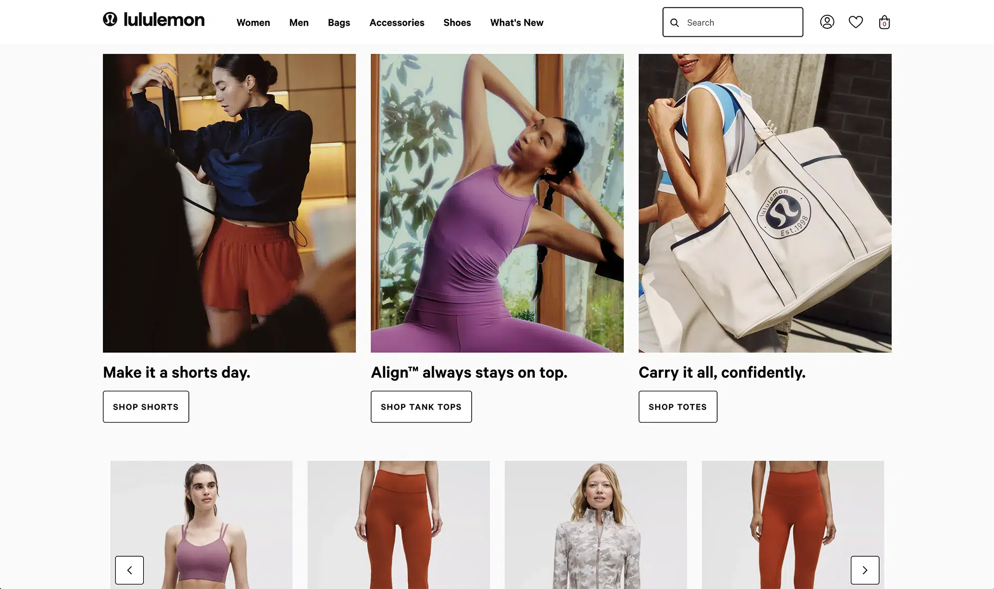 Screenshot der Startseite von Lululemon, der aktivitätsbezogene Bilder und Botschaften rund um Wellness zeigt. Das Layout kombiniert Produktvisuals mit Community-Aufrufen und markenkonformen Erlebnissen.