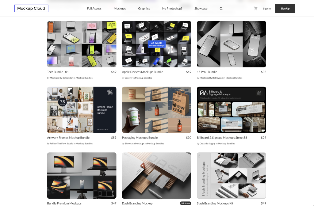 Showcase der von Mockup Cloud angebotenen Premium-Mockups, darunter Branding-Mockups, Verpackungs-Mockups und mehr