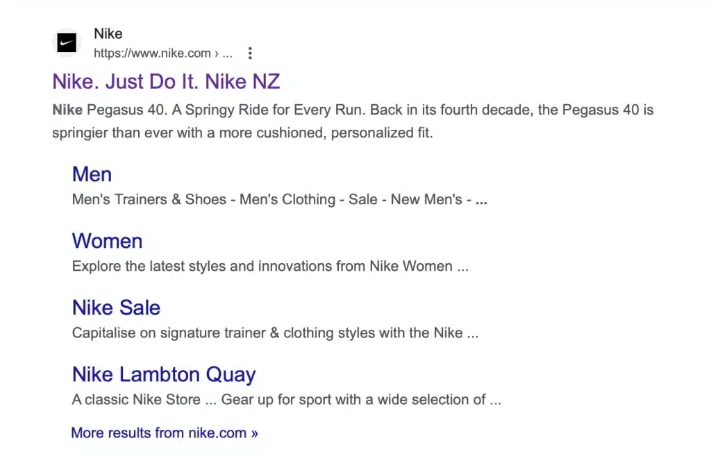 Beispiel von Nike, das zeigt, wie der Slogan „Just Do It“ in Google Search und in der SEO-Meta-Beschreibung verwendet wird.