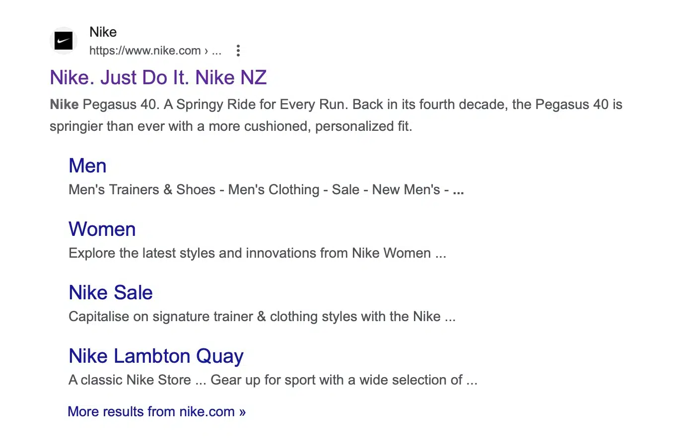 Beispiel für die Einbindung der Tagline von Nike in die Google-Suche
