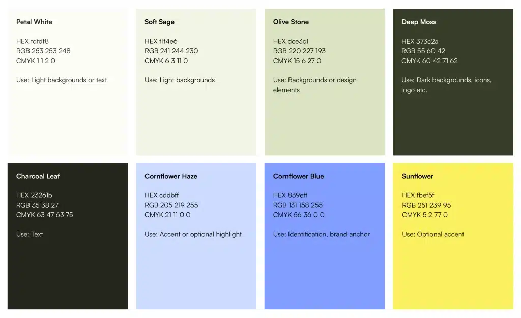 Office Flower Solutions' brand colour palette shown as swatches — Petal White, Soft Sage, Olive Stone, Deep Moss, Charcoal Leaf, Cornflower Haze, Cornflower Blue, and Sunflower, with full HEX, RGB, and CMYK values listed in the table below.